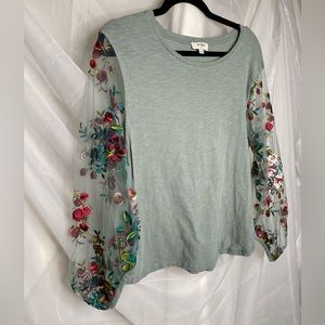 Umgee Sage Green Top with Floral Embroidered Sheer Sleeves